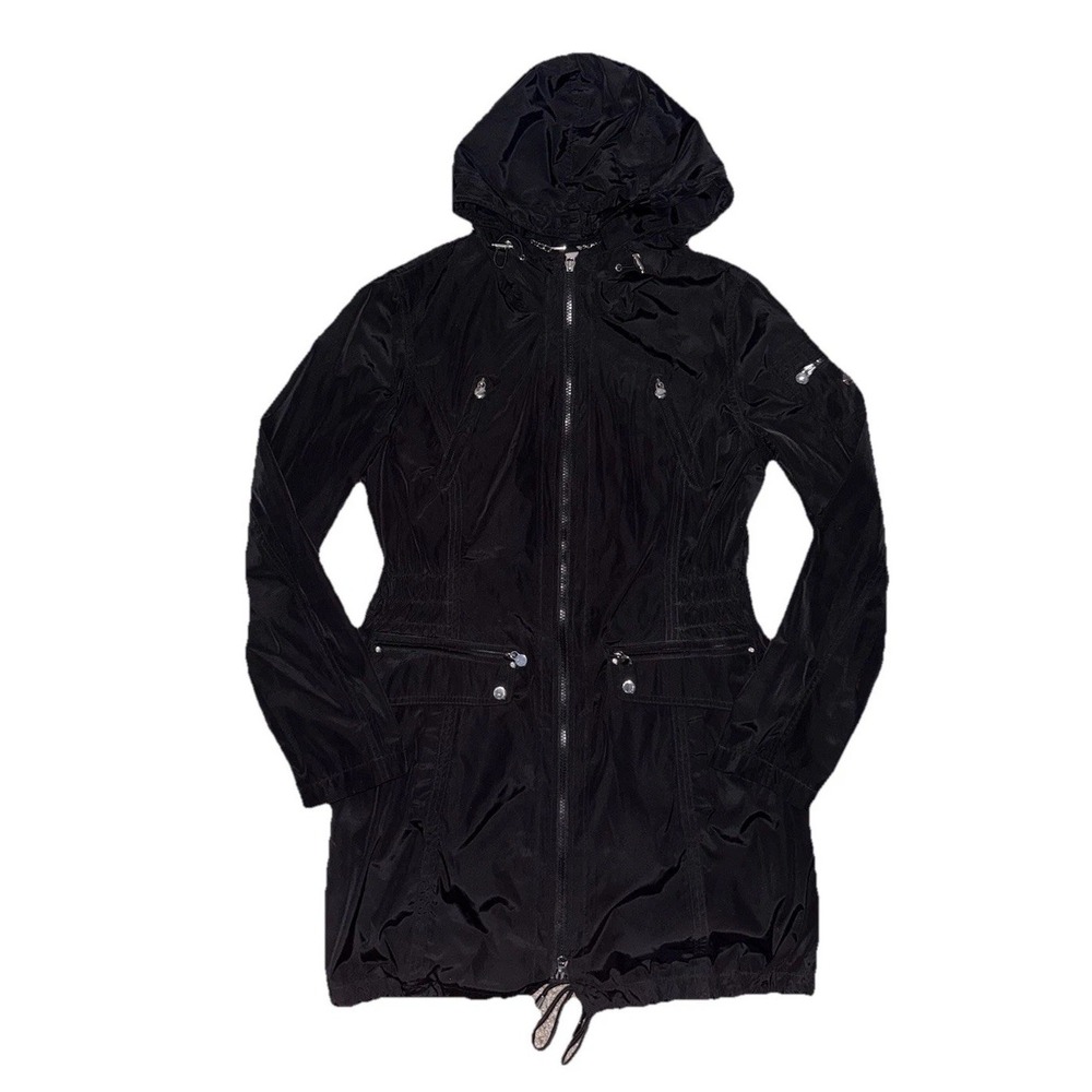 Laundry by Shelli Segal Ladies Long Black Cinch Rain w/ Hood Jacket Size L NWOT